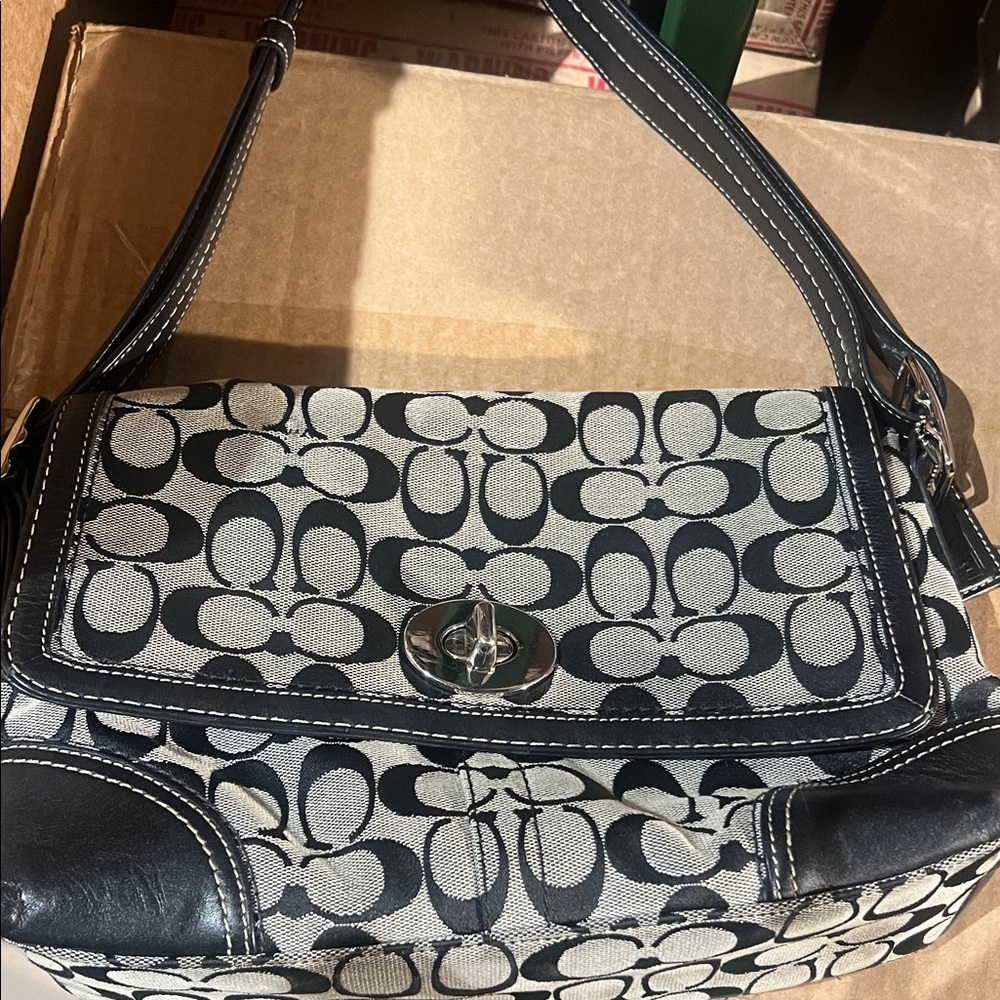 Coach Signature Black and Cream Shoulder Bag